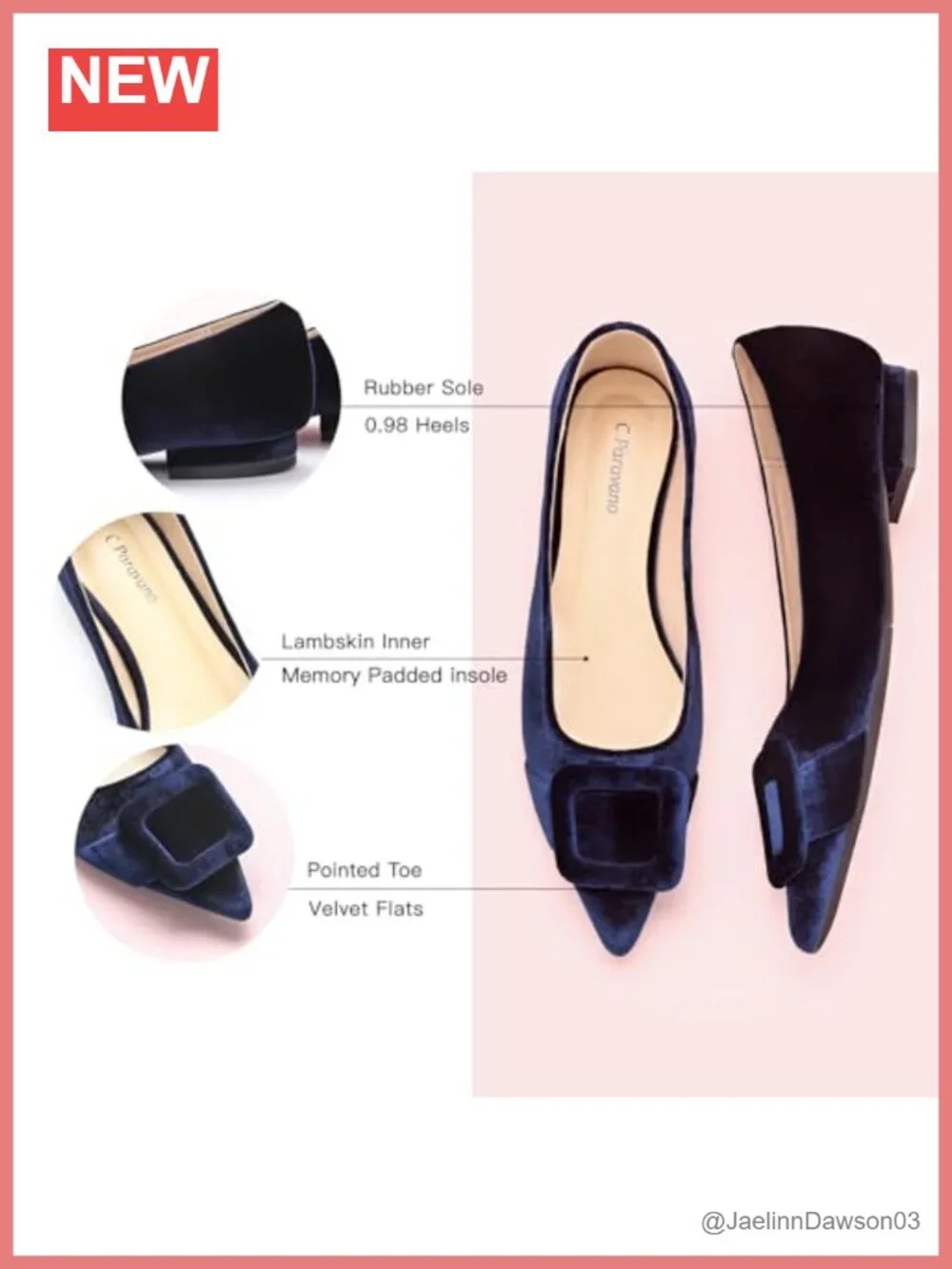 Women's Velvet Pointed Toe Ballet Flats with Square Buckle, Lambskin Leather